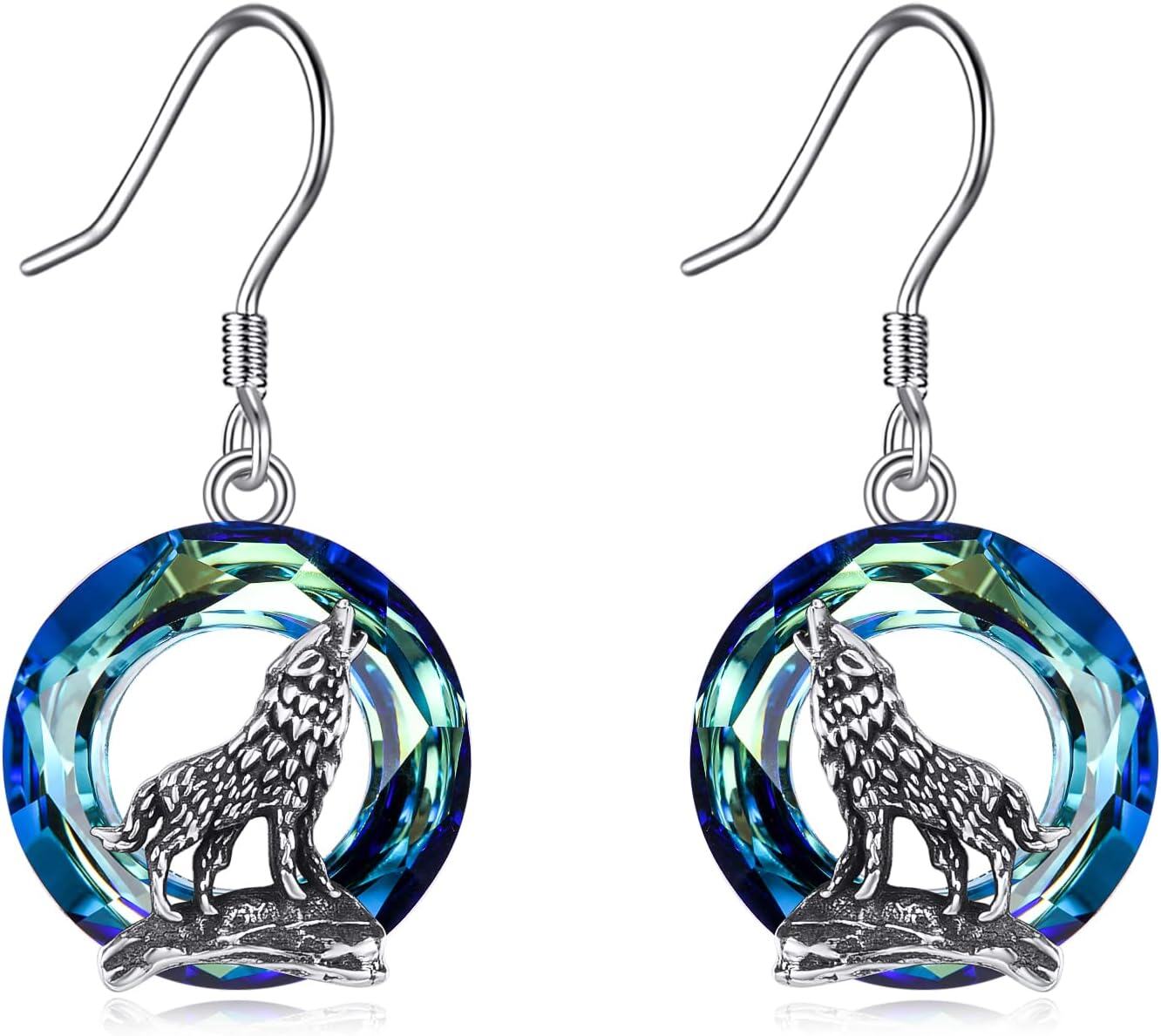 Sterling Silver Moon Stone Norse Celtic Wolf Dangle Drop Earrings-0-0