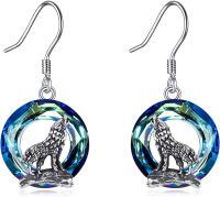 wholesale 925 Sterling Silver Blue Crystal Wolf Howling at the Moon Dangle Earrings-Crystal Wolf Earrings