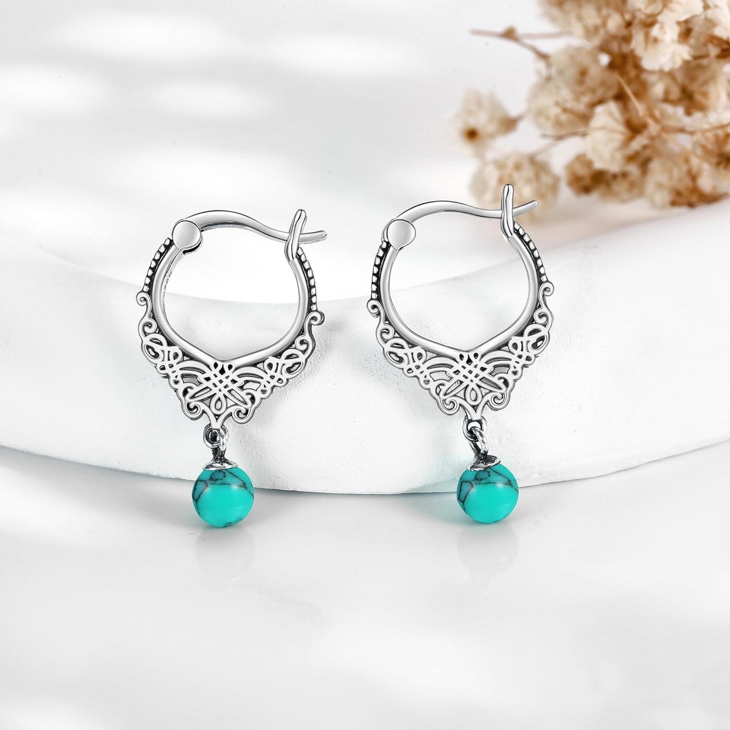 925 Sterling Silver Turquoise Filigree Hoop Earrings-0-2