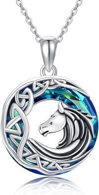 wholesale 925 Sterling Silver Round Blue Crystal Unicorn Head Celtic Knot Pendant Necklace Lucky Charm Jewelry for Women and Girls-Moon Horse Crystal