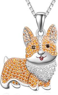 wholesale 925 Sterling Silver Corgi Dog Breed Pendant Necklace with Orange and White Stones for Pet Lovers-Corgi-Standing