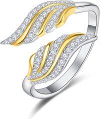wholesale Sterling Silver Feather Angel Wing Adjustable Handmade Ring for Women-Gold