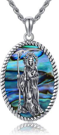 wholesale 925 Sterling Silver Abalone Shell Saint Jude Jesus Benedict Michael Religious Pendant Necklace for Men Women  48cm Chain Length-Santa Muerte-Abalone