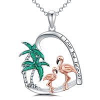 wholesale 925 Sterling Silver Heart Necklace With Palm Tree And Flamingo Design Engraved I Love You Forever-Flamingo Necklace