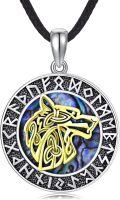 wholesale 925 Sterling Silver Round Abalone Shell Gold Viking Wolf Pendant Necklace-0-0