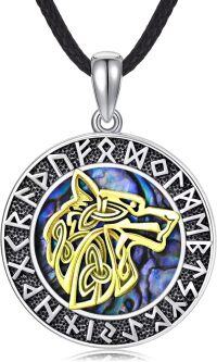 wholesale 925 Sterling Silver Round Abalone Shell Gold Viking Wolf Pendant Necklace-Gold-Skin Chain