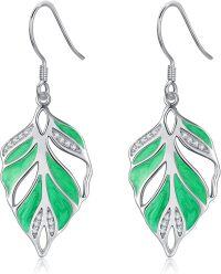 wholesale 925 Sterling Silver Green Enamel Feather Drop Earrings for Women Girls  4cm Long-Leaf