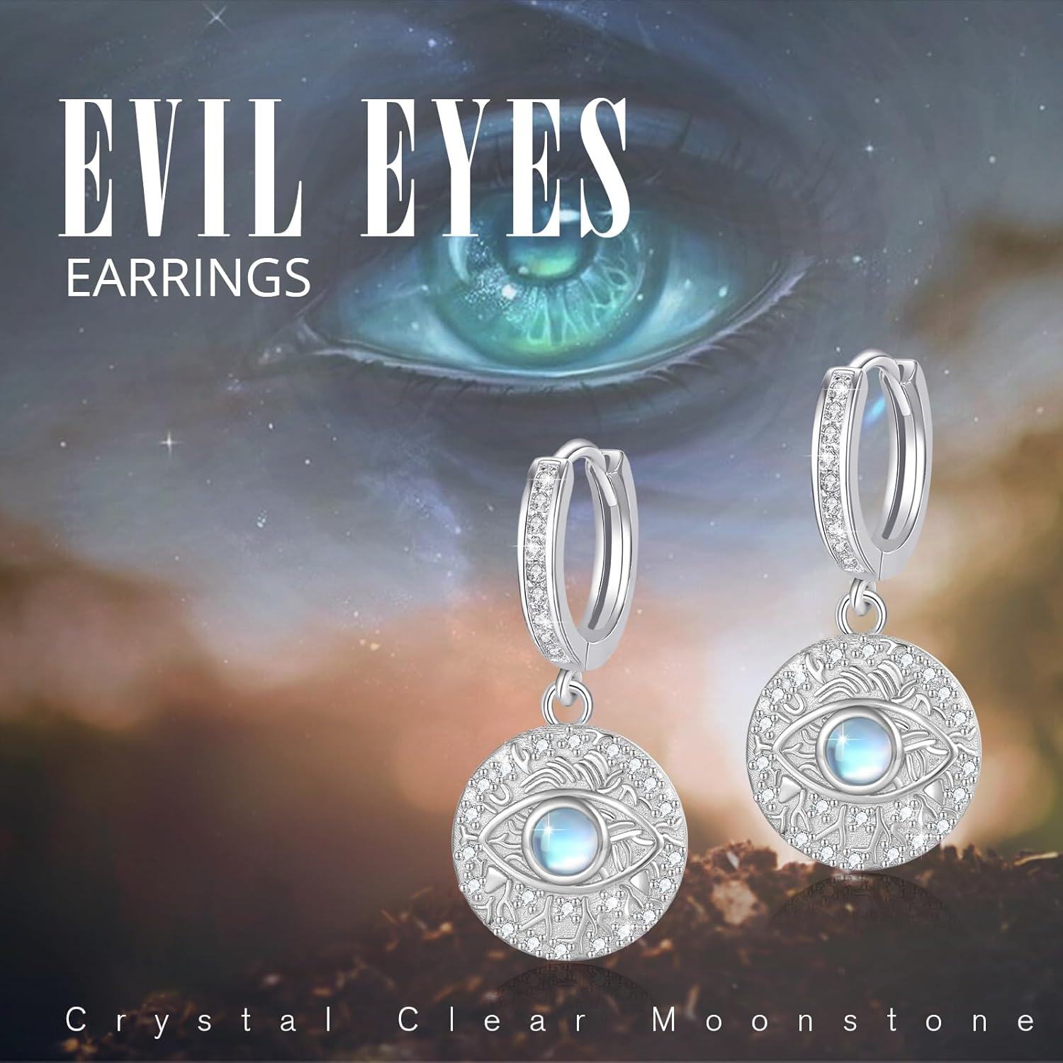 925 Sterling Silver Moonstone Evil Eye Huggie Hoop Earrings for Women - Hypoallergenic  Idea-0-3