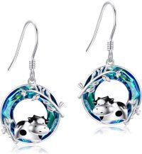 wholesale 925 Sterling Silver 925 Cow Dangle Earrings w/Blue Crystal & Leaf Design for Women-Cow