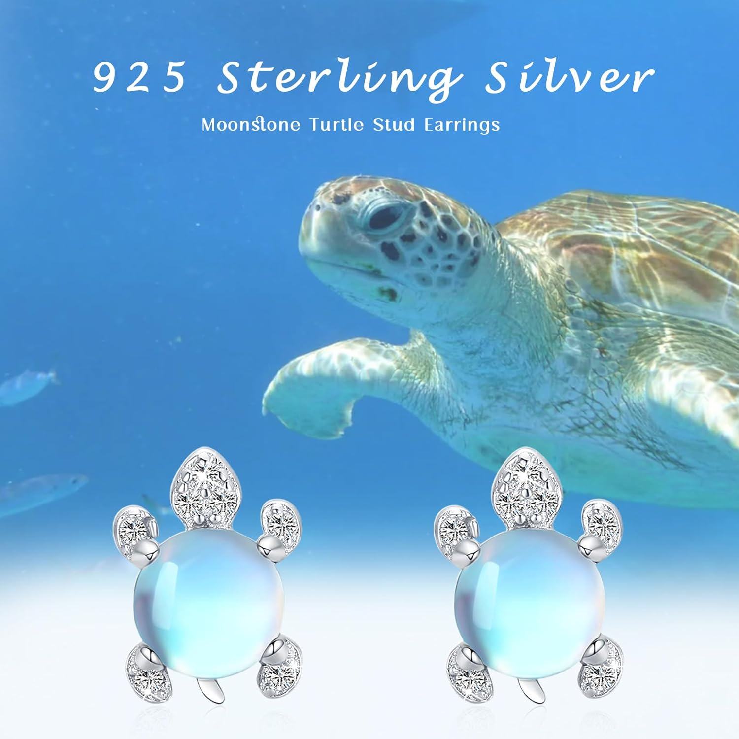 Sterling Silver Moonstone Sea Turtle Stud Earrings Hypoallergenic Ocean Jewelry-0-6