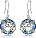 wholesale Sterling Silver Blue Volcano Crystal Hummingbird Daisy Dangle Earrings for Women-0-4