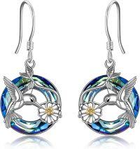 wholesale Sterling Silver Blue Volcano Crystal Hummingbird Daisy Dangle Earrings for Women-blue