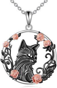 wholesale 925 Sterling Silver Raccoon Pendant with Pink Roses and Black Leaves Gothic Style Statement Necklace for Women's Halloween -A-Black Cat