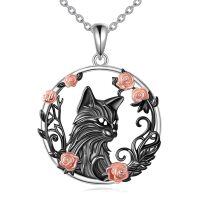 wholesale 925 Sterling Silver Wolf Rose Pendant Necklace-A-Black Cat
