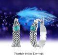 wholesale 925 Sterling Silver Turquoise Feather Huggie Hoop Earrings for Women Native American Style Western  4cm Diameter-0-5