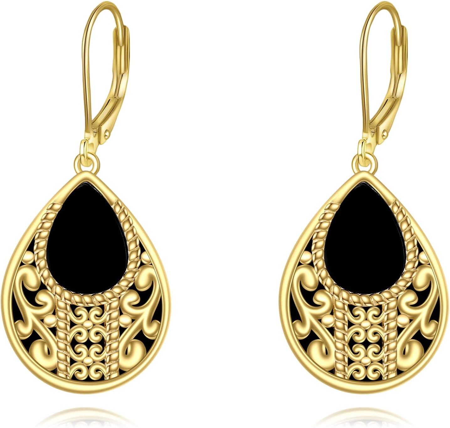 14K Gold Plated Sterling Silver Black Onyx Dangle Leverback Earrings-Black Onyx
