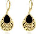 wholesale Gold-Plated 925 Sterling Silver Teardrop Black Onyx Filigree Drop Earrings-0-0
