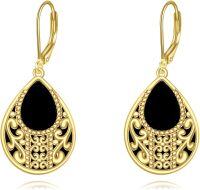 wholesale Gold-Plated 925 Sterling Silver Teardrop Black Onyx Filigree Drop Earrings-Black Onyx