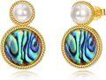 wholesale 925 Sterling Silver Plated Gold- Abalone Shell Pearl Round Stud Earrings for Women s-0-0