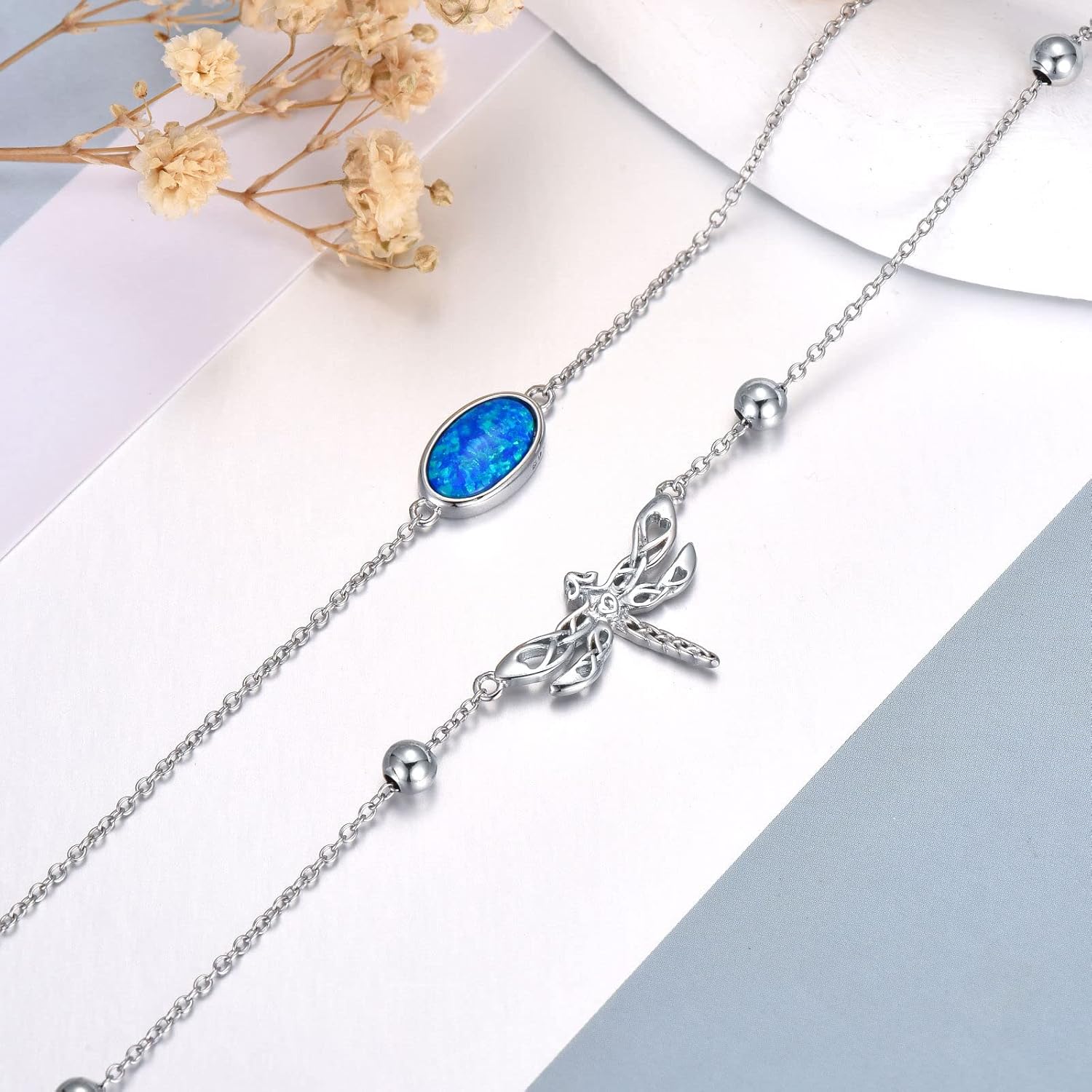 wholesale 925 Sterling Silver Blue Opal & Dragonfly Pendant Necklace for Women Gifts-0-2