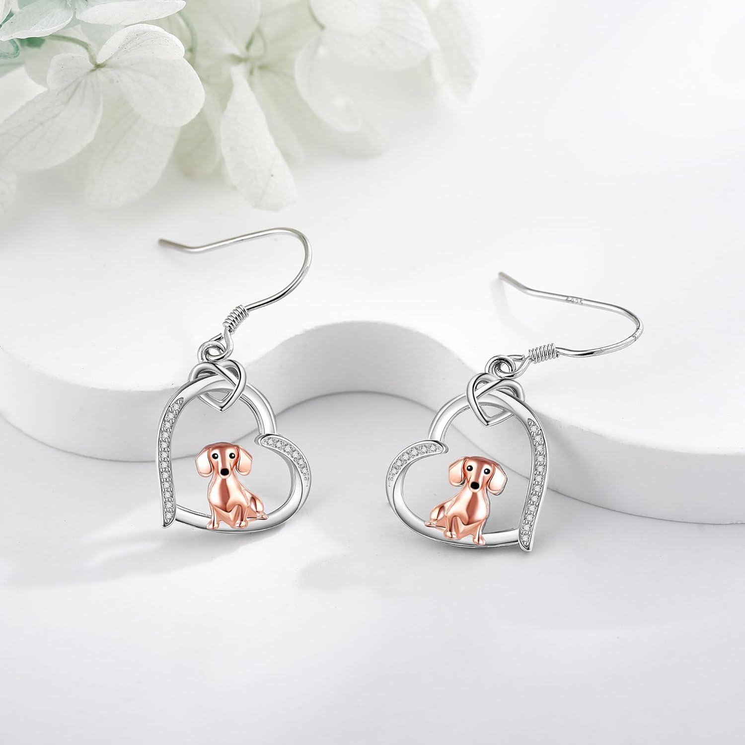 Sterling Silver Dog Earrings w Heart Dachshund Greyhound German Shepherd Dalmatian Dangle Jewelry Gifts for Women-0-2