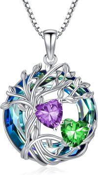wholesale 18K White Gold Filled Sterling Silver Family Tree Pendant with 2 Heart Birthstones Blue Austrian Crystal Necklace for Women-02-05-Feb-May Birthstone
