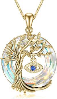 wholesale  Sterling Silver Evil Eye Necklace with Crystal Tree of Life Pendant -Evil Eye-Aurore Boreale Crystal-Gold