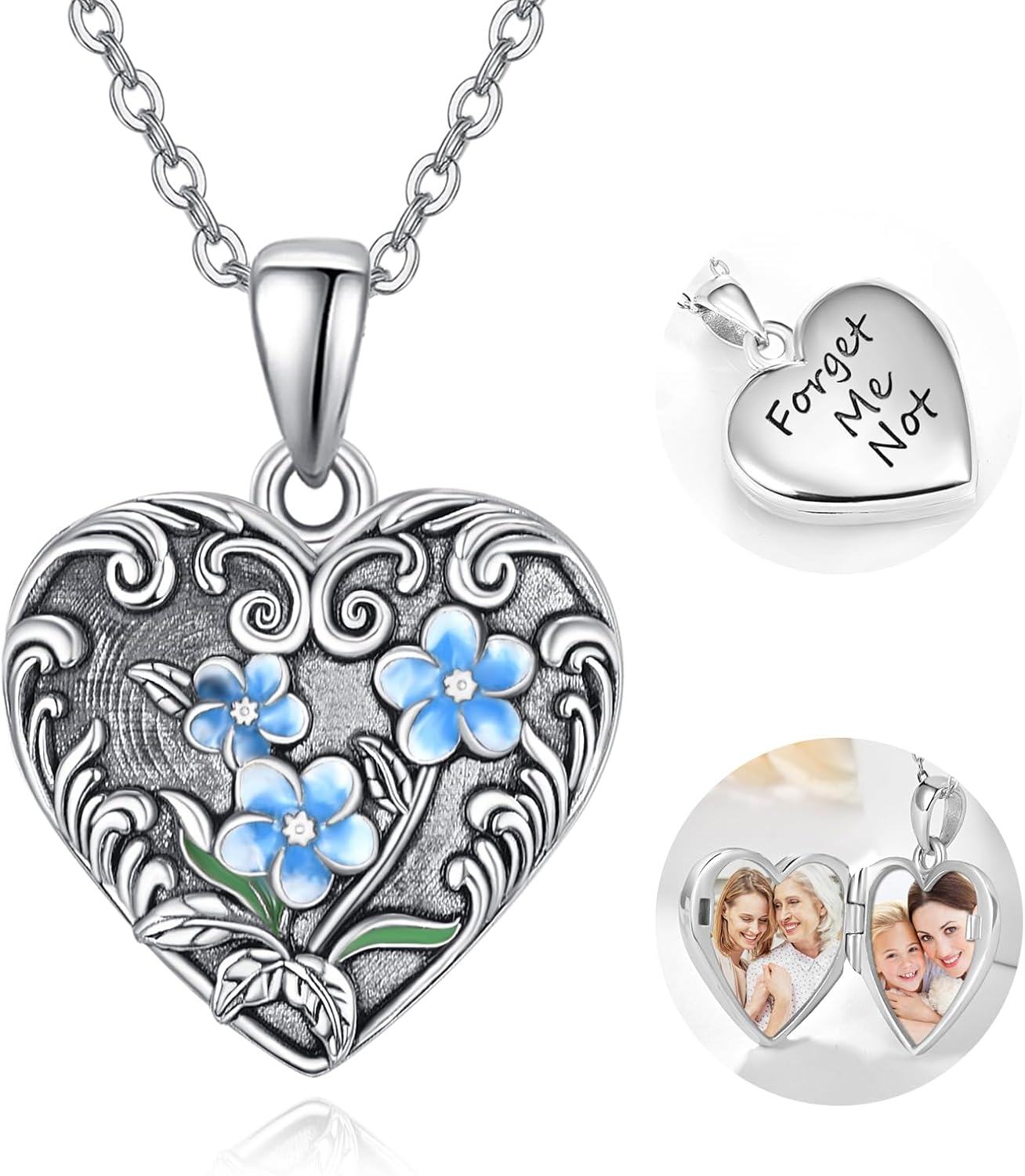 Sterling Silver Blue Enamel Flower Photo Locket Necklace 2 Pics Memorial Keepsake-0-0