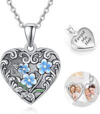 wholesale 925 Sterling Silver Heart-Shaped Blue Enamel Floral Pendant with Photos and Forget Me Not Inscription - Memory Lockets for Women-Forget Me Not-Forget Me Not-Custom Photo