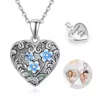 wholesale 925 Sterling Silver Heart-Shaped Blue Enamel Floral Pendant with Photos and Forget Me Not Inscription - Memory Lockets for Women-Forget Me Not-Forget Me Not-Custom Photo