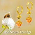 wholesale Gold-Plated 925 Sterling Silver Honeycomb Bees & Amber Drop Hoop Earrings for Women-0-5