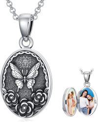 wholesale 925 Sterling Silver Butterfly Photo Locket Necklace with Rose Flower Design, Adjustable Chain, Gift for Mom Wife Sister-01-Butterfly Locket Necklace
