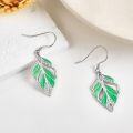 wholesale 925 Sterling Silver Green Enamel Feather Drop Earrings for Women Girls  4cm Long-0-3