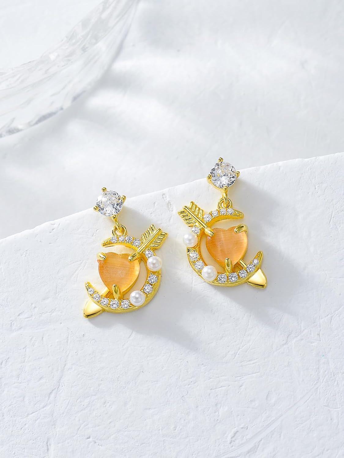Sterling Silver 14k Gold Plated Fox Moon Dangle Drop Earrings for Women-0-3