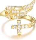 wholesale 925 Sterling Silver Cubic Zirconia Gold Cross Angel Wing Ring - Faith Hope Love Engraved - Adjustable Size 7-9 - Religious Gift for Women-0-0