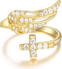 wholesale 925 Sterling Silver Cubic Zirconia Gold Cross Angel Wing Ring - Faith Hope Love Engraved - Adjustable Size 7-9 - Religious Gift for Women-Gold