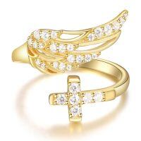 wholesale 925 Sterling Silver Gold Plated Angel Wing Cross Cubic Zirconia Open Ring For Women-Gold
