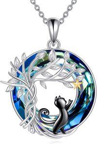 wholesale 925 Sterling Silver Blue Crystal Tree of Life Cat Pendant Necklace-Cat