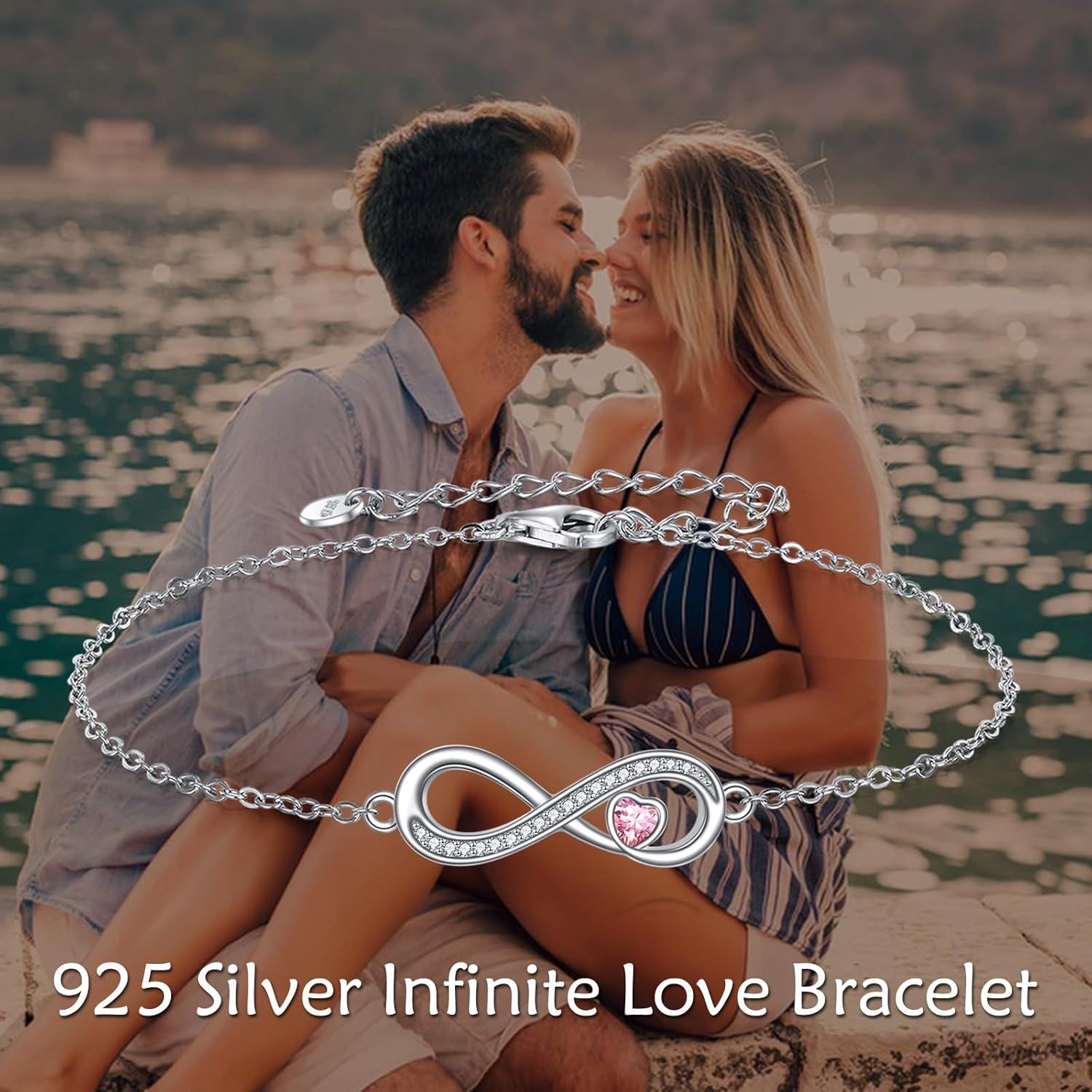 Sterling Silver Birthstone Infinity Heart Charm Adjustable Bracelet-0-2