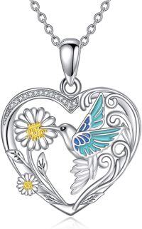 wholesale 925 Sterling Silver Heart-Shaped Hummingbird Daisy Flower Pendant Necklace Gifts for Women-hummingbird heart necklace