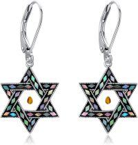 wholesale 925 Sterling Silver Star of David Cross Dangle Earrings with Mother-of-Pearl and Amber Accents for Jewish & Christian Women's Gift-Mustard Seed