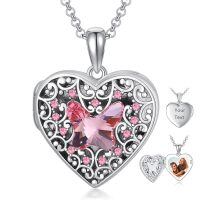 wholesale S925 Sterling Silver Heart Shaped Locket Necklace with Pink Crystals & Engraving Option for Women (Chain Included)-C-Rose Butterfly Locket Only-C-Rose Butterfly Locket+Photo+Text