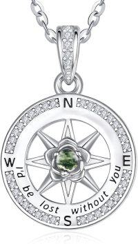 wholesale Sterling Silver Birthstone Compass Necklace for Women Gift Idea-Moss Agate