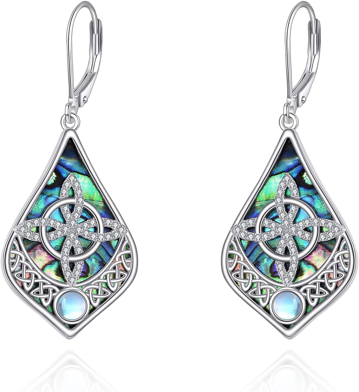 Sterling Silver Moonstone Abalone Star of David Witchy Celtic Shell Flower Saturn Dangle Earrings Jewish Irish Jewelry Gifts-0-0