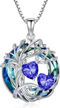 wholesale 18K White Gold Filled Sterling Silver Family Tree Pendant with 2 Heart Birthstones Blue Austrian Crystal Necklace for Women-09-09-Sept-Spet Birthstone