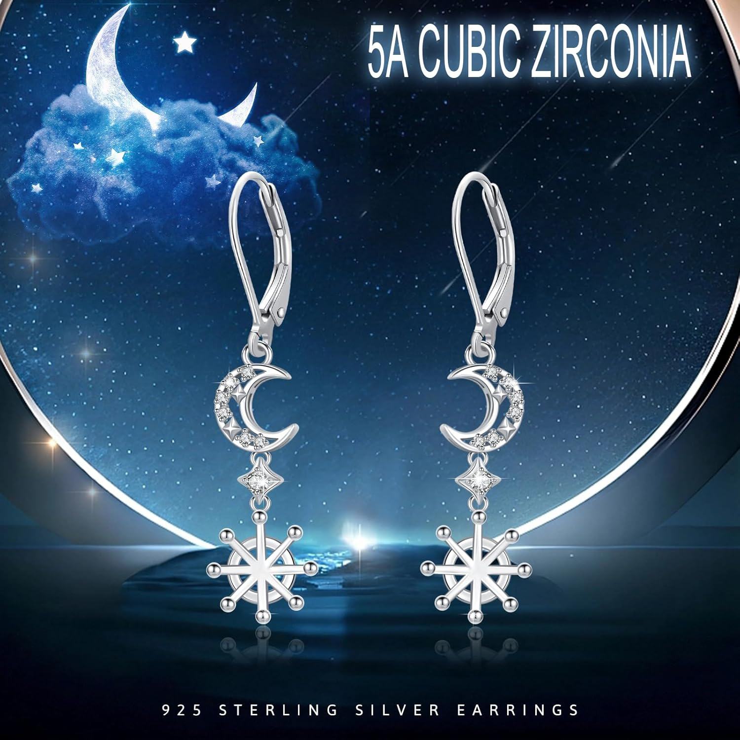925 Sterling Silver Snowflake Moon Star Leverback Earrings for Sensitive Skin-0-3