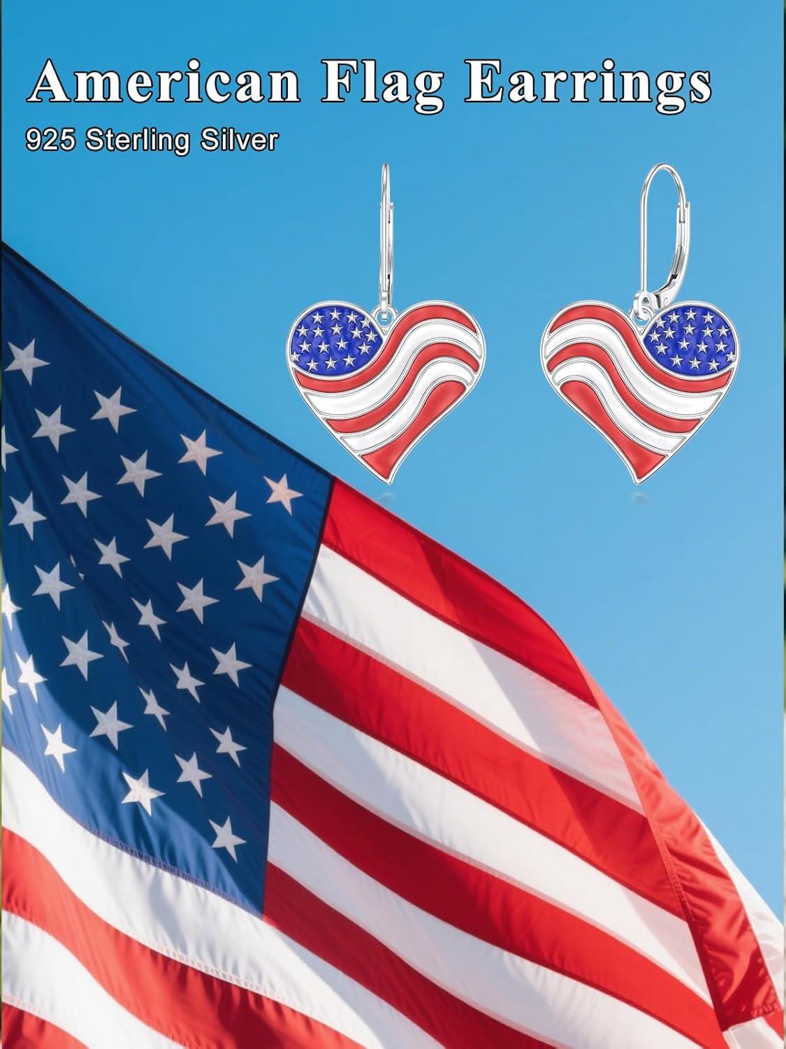 wholesale 925 Sterling Silver Red White Blue Star & Stripes Patriotic Heart Earrings for 4th of July, Memorial Day-0-5