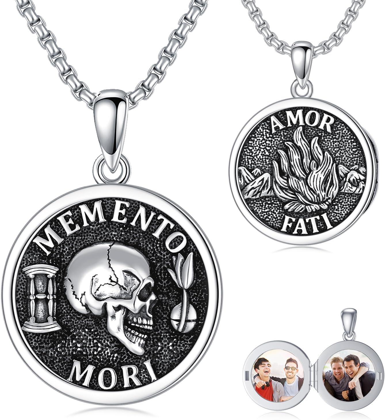 925 Sterling Silver Gothic Skull Photo Locket Pendant with Memento Mori Inscription and Fire Design - Amor Fati Theme (24 inch)-0-0