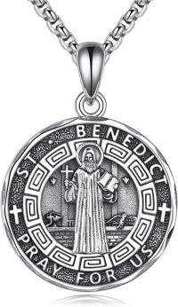 wholesale 925 Sterling Silver Saint Benedict Necklace with Hypoallergenic Pendant - 1.19 Inch Elegant Religious Jewelry for Protection & Blessing - Gift Box Included-08. St Benedict