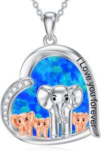 wholesale Sterling Silver Mom Necklace w Elephant Sloth Bear Pendant 1 5 Cubs Mother s Day Jewelry-02-Elephant with 3 Cubs Blue Opal